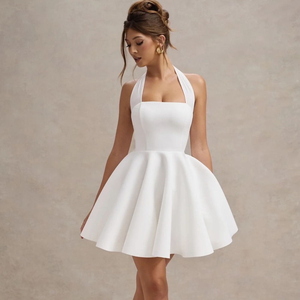 Club L London - White Halter Neck Skater Mini Dress